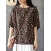 Plus Size Women Vintage Floral Print Short Sleeves Blouse