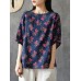 Plus Size Women Vintage Floral Print Short Sleeves Blouse