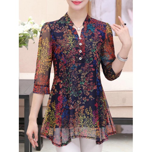 Women Elegant Floral Print V-neck Half Sleeves Blouse