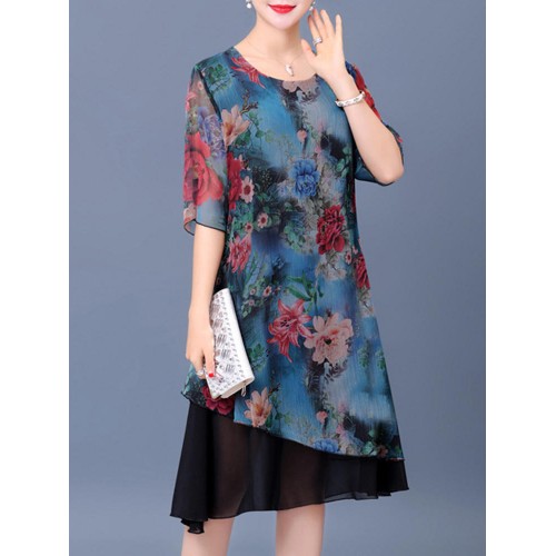 Elegant Women Floral Print Layered Dress