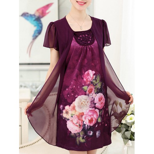 Women Floral Fake Two Pieces Elegant Chiffon Dress