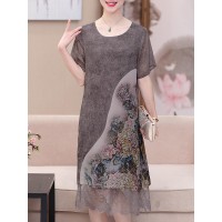 Women Elegant Floral Print O-neck Lace Hem Dress