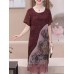 Women Elegant Floral Print O-neck Lace Hem Dress