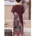 Women Elegant Floral Print O-neck Lace Hem Dress