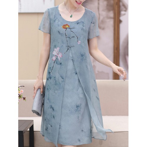 Elegant Women Fake Two Pieces Floral Print Dress