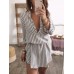 Plus Size Women Long Sleeve V Neck Stripe Tops Shirt Mini Dress