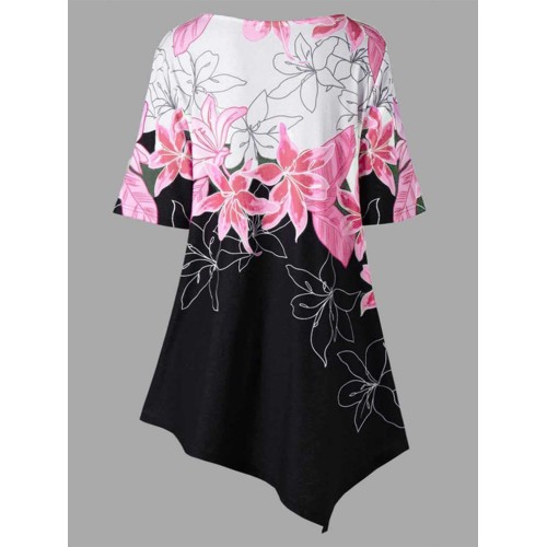 Women Elegant Floral Print Irregular Hem Blouse