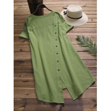 Women Brief O-neck Split Hem Cotton Long Blouse