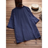 Plus Size Cotton Solid Color V-Neck Irregular Hem Blouse