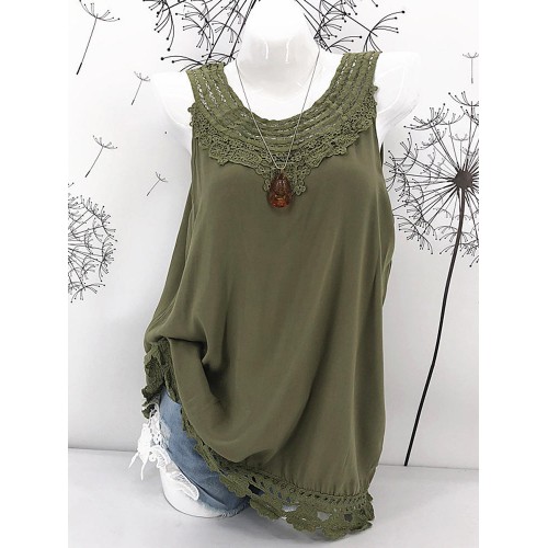 Plus Size Cotton Pure Color Lace Hem Tank Tops