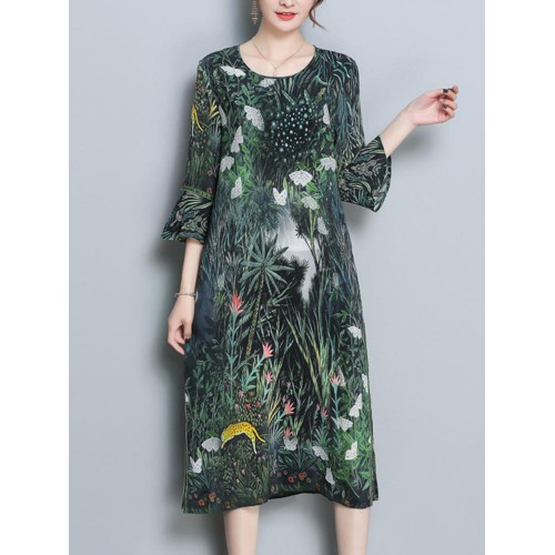 Floral Print Flared Sleeve Side Slit Dress