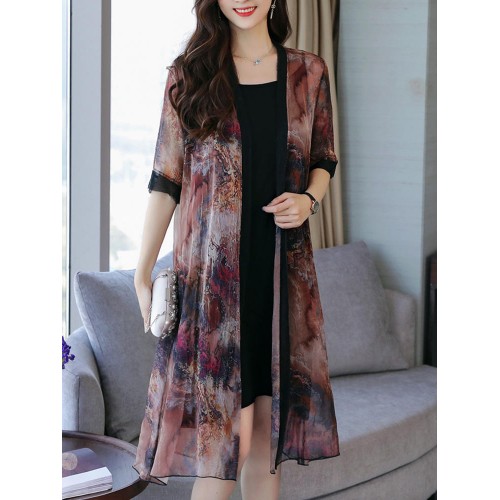 Women Floral Print Semi-sheer Two Pieces Dress