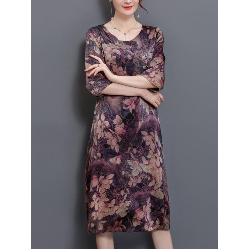 Chinese Style Floral Print Pocket Dress