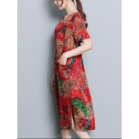 Vintage Floral Print Side Slit Pocket Dress