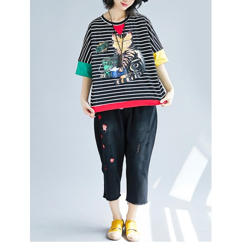 Women Cartoon Cat Patchwork Short Sleeves Stripe T-shirts