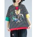 Women Cartoon Cat Patchwork Short Sleeves Stripe T-shirts