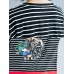 Women Cartoon Cat Patchwork Short Sleeves Stripe T-shirts