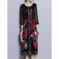 Satin Floral Print O-neck Elegant Side Slipt Dress