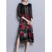 Satin Floral Print O-neck Elegant Side Slipt Dress