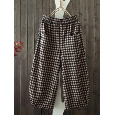 Women Vintage Loose Elastic Waist Plaid Harem Pants with Pockets