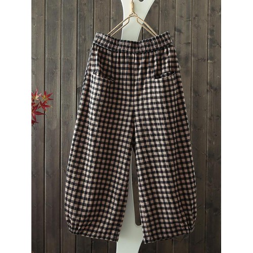 Women Vintage Loose Elastic Waist Plaid Harem Pants with Pockets