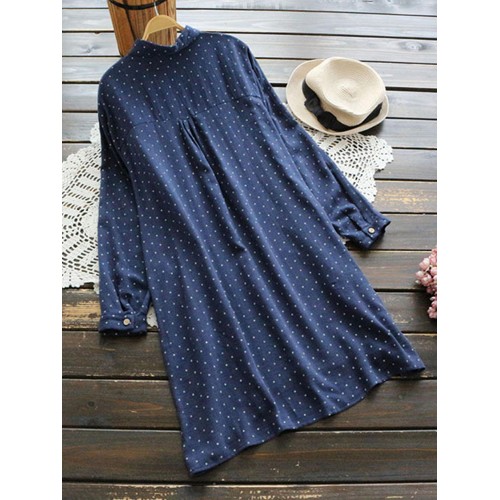 Plus Size Women Vintage Polka Dot Crew Neck Long Sleeve Shirt Blouse