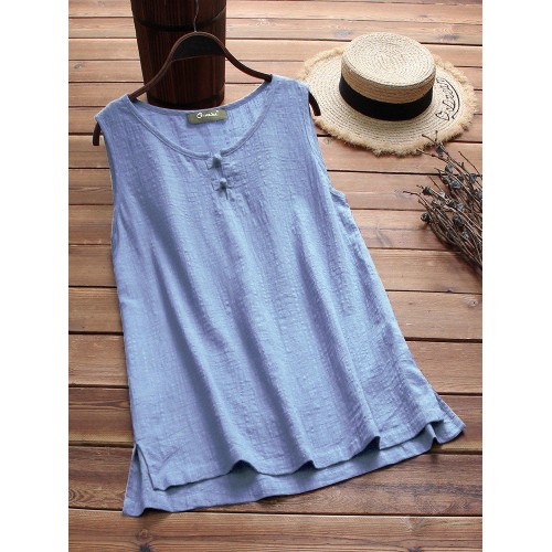 Plus Size Women Vintage Sleeveless Cotton Tops Blouse