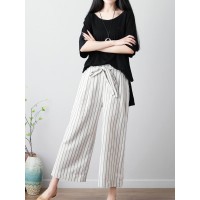 Women Casual Elastic Waist Stripe Cotton Pants with Pockets