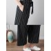 Women Casual Elastic Waist Stripe Cotton Pants with Pockets