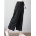 Women Casual Elastic Waist Stripe Cotton Pants with Pockets