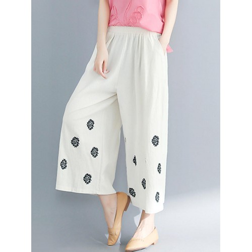 Women Vintage Embroidery Wide Leg Loose Pants