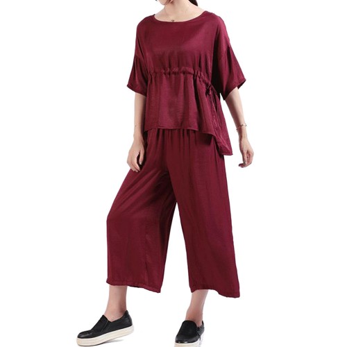 Women Fashion Adjustable Waist Blouse and Wide Leg Pants Suit