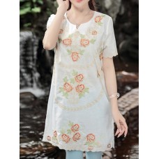 Women Elegant Floral Embroidery Short Sleeves Blouse