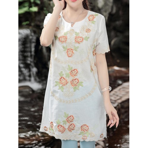 Women Elegant Floral Embroidery Short Sleeves Blouse