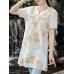 Women Elegant Floral Embroidery Short Sleeves Blouse