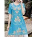 Women Elegant Floral Embroidery Short Sleeves Blouse