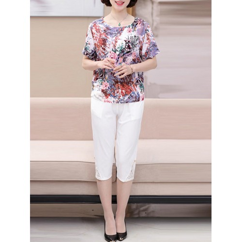 Plus Size Women Elegant O-neck Chiffon Suit