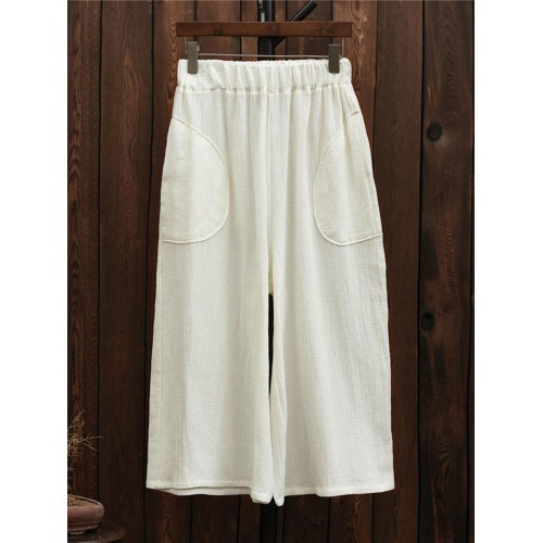 Women Casual Wide Leg Cropped Pants with Pockets