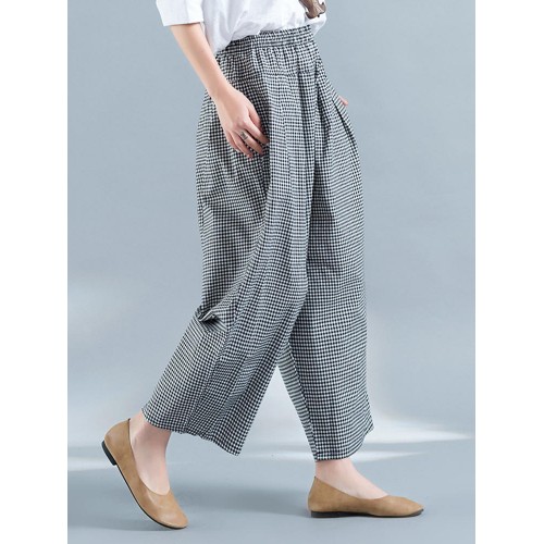 Women Casual Elastic Waist Loose Plaid Harem Pants