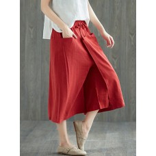 Women Vintage Fake Two Piece Wide Legged Pants with Pockets