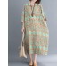 Women Vintage O-neck Half Sleeves Straight Loose Floral Dress