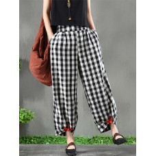 Women Vintage Frog Button Elastic Waist Plaid Harem Pants with Pockets