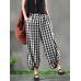 Women Vintage Frog Button Elastic Waist Plaid Harem Pants with Pockets