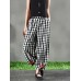 Women Vintage Frog Button Elastic Waist Plaid Harem Pants with Pockets