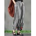 Women Vintage Frog Button Elastic Waist Plaid Harem Pants with Pockets