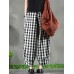 Women Vintage Frog Button Elastic Waist Plaid Harem Pants with Pockets