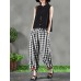 Women Vintage Frog Button Elastic Waist Plaid Harem Pants with Pockets