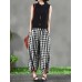 Women Vintage Frog Button Elastic Waist Plaid Harem Pants with Pockets