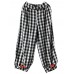 Women Vintage Frog Button Elastic Waist Plaid Harem Pants with Pockets