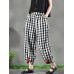 Women Vintage Frog Button Elastic Waist Plaid Harem Pants with Pockets